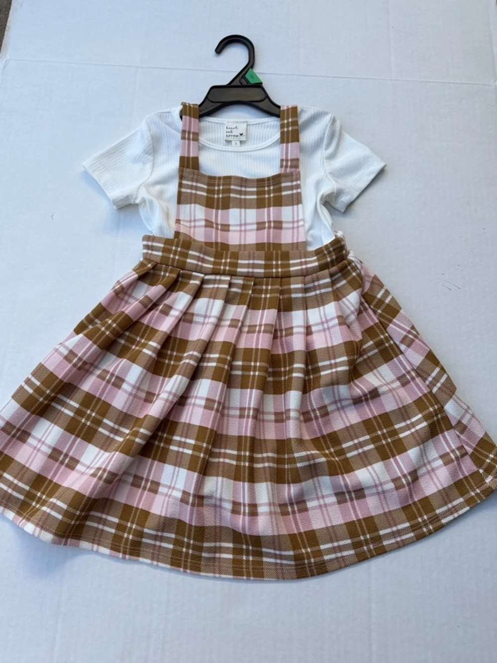 Girls Pink & Brown Plaid Pinafore Dress with White Tee NEW